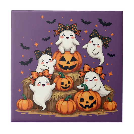 コケット弓&カボチャの可愛いハロウィーン幽霊 タイル (正面)