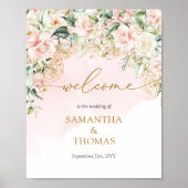 コケット柔らかいピンクのバラの金ゴールド結婚の歓迎 ポスター (正面)