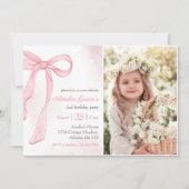 コケット水の色ピンクかわいい弓2nd誕生日 招待状 (正面)