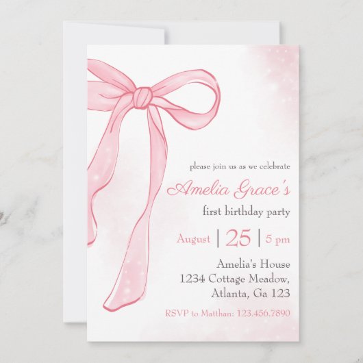 コケット水カラーピンクかわいい弓1st誕生日 招待状 (正面)