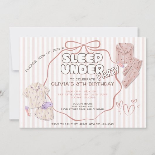 コケット睡眠下のパーティーピンクストライプの誕生日 招待状 (正面)