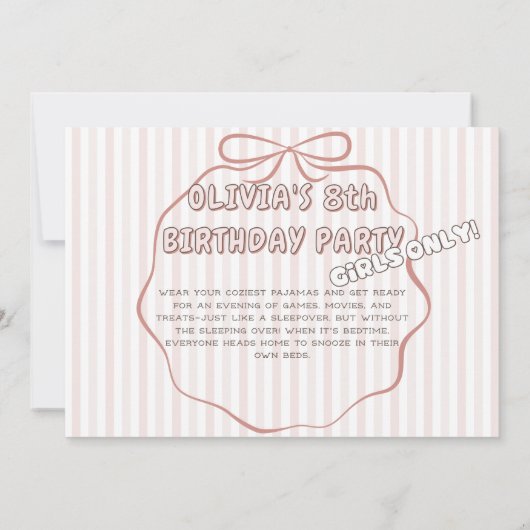 コケット睡眠下のパーティーピンクストライプの誕生日 招待状 (裏面)