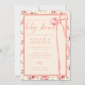 コケット赤面ピンクボウお洒落かわいいベビーシャワー 招待状 (正面)