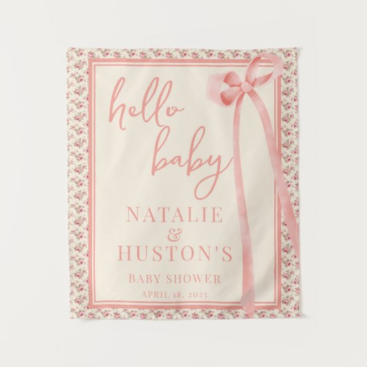 コケット赤面ピンクボウフローラベビーシャワーウェルカム タペストリー (正面)