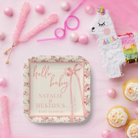 コケット赤面ピンクボウフローラベビーシャワーカスタム ペーパープレート (パーティー)