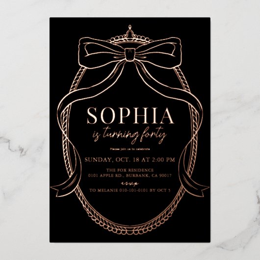コケット金ゴールドボウリボンブラックアダルト誕生日 箔招待状 (正面)