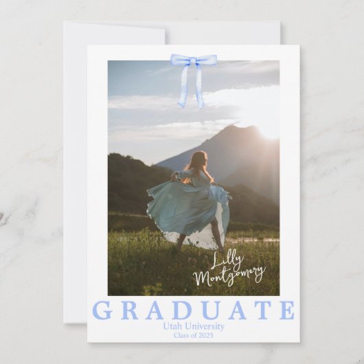 コケット青いリボン写真の卒業発表 招待状 (正面)