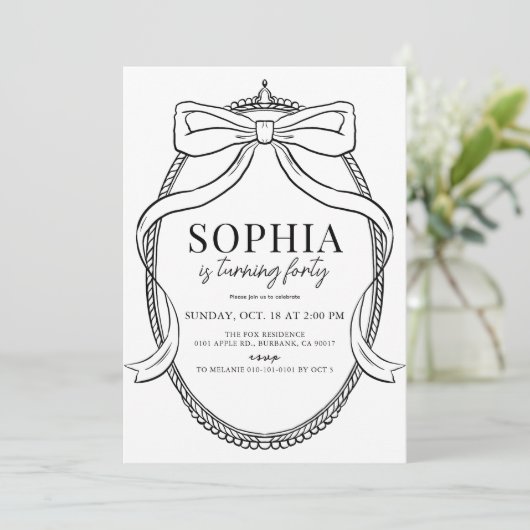 コケット黒弓リボンフレーム大人誕生日 招待状 (スタンド正面)