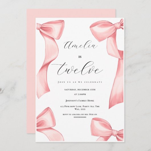 コケット12誕生日ガールピンクボウ13位18位 招待状 (正面/裏面)