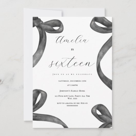 コケット16誕生日ガールブラックボウ18位21位 招待状 (正面)