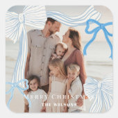 コケット – コアブルー弓フォトクリスマスホリデー スクエアシール (正面)