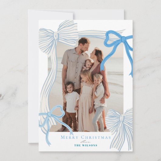 コケット – コアブルー淡い色のボウ4枚の写真クリスマス シーズンカード (正面)