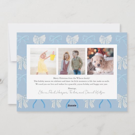 コケット – コアブルー淡い色のボウ4枚の写真クリスマス シーズンカード (裏面)