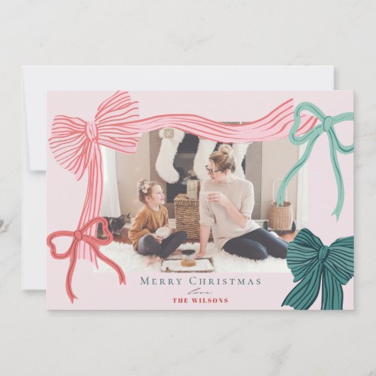 コケット – コアレッドグリーン弓ピンクのクリスマスフォト シーズンカード (正面)