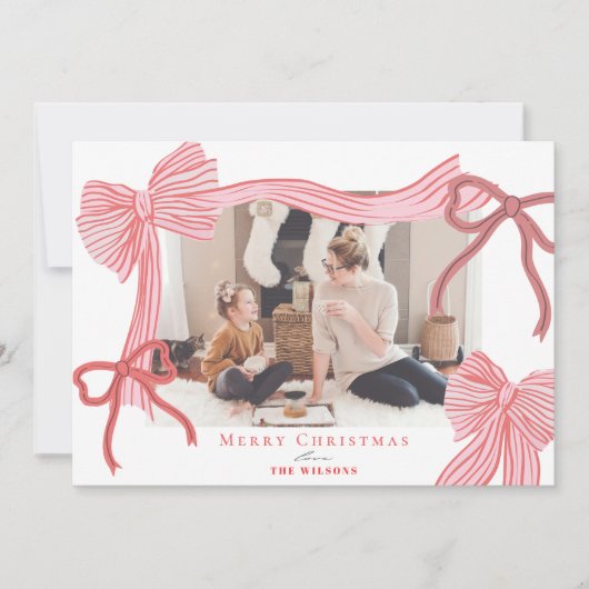コケット – コアレッド&ピンク弓4枚の写真クリスマス シーズンカード (正面)