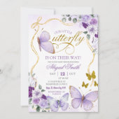 コケット パープル バタフライ ベイビー シャワー 招待状 (正面)