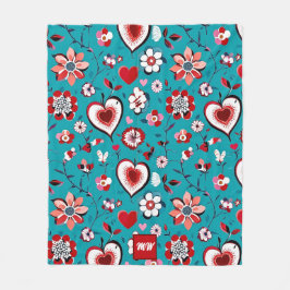 コケット、フローラ及びハートティール（緑がかった色）レッドモノグラム フリースブランケット