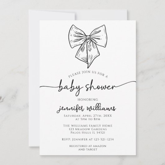 コケッ名門私立校風のトかわいい弓ベビーガールシャワー 招待状 (正面)