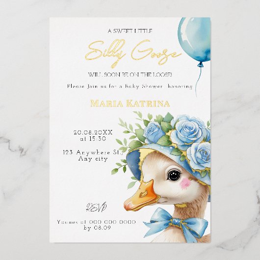 コケッ間抜けトグースブルーボウボーイベビーシャワー 箔招待状 (正面)