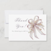 コケティッシュなパープルのリボン ベイビーシャワー サンキューカード (正面)