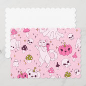 コケティッシュなピンクのハロウィーンの魔女猫の幽霊の頭蓋骨 招待状 (正面/裏面)