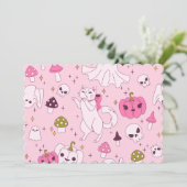 コケティッシュなピンクのハロウィーンの魔女猫の幽霊の頭蓋骨 招待状 (スタンド正面)