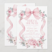 コケティッシュピンクのボウローズ フラワーズ ブライダルシャワー 招待状 (正面/裏面)