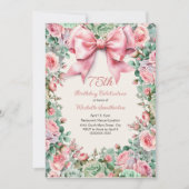 コケティッシュ ピンク ボウ ミントグリーン フラワーズ 75歳の誕生日 招待状 (正面)