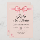 コケティピンクリボンガールズバースデーパーティー招待状 招待状 (正面/裏面)