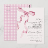 コケティ ピンクの弓のスイート16の誕生日パーティーの招待状 ポストカード (正面/裏面)