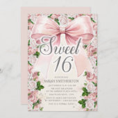 コケティ ピンクの弓 ビンテージ フラワー スイート 16 招待状 (正面/裏面)