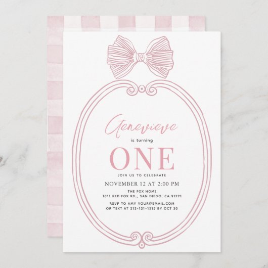 コケティ ピンクの蝶結び リボンフレーム 女の子 1歳 誕生日 招待状 (正面/裏面)