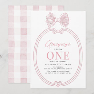 コケティ ピンクの蝶結び リボンフレーム 女の子 1歳 誕生日 招待状