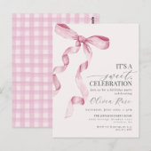 コケティ ピンク ボウ ガール 誕生日パーティー 招待状 (正面/裏面)