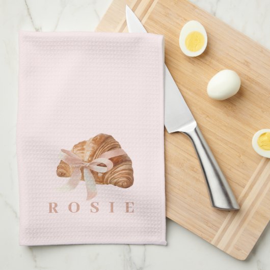 コケパーソナライズされたットクロワッサンピンクリボン キッチンタオル (四つ折り)