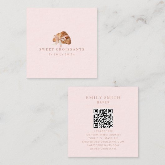 コケパーソナライズされたットクロワッサンピンクリボン スクエア名刺 (正面/裏面)