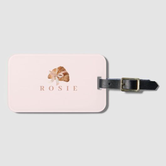 コケパーソナライズされたットクロワッサンピンクリボン ラゲッジタグ (正面横)