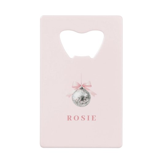 コケパーソナライズされたットディスコボールピンクリボン クレジットカード栓抜き (正面)