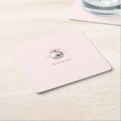 コケパーソナライズされたットディスコボールピンクリボン スクエアペーパーコースター (アングル)