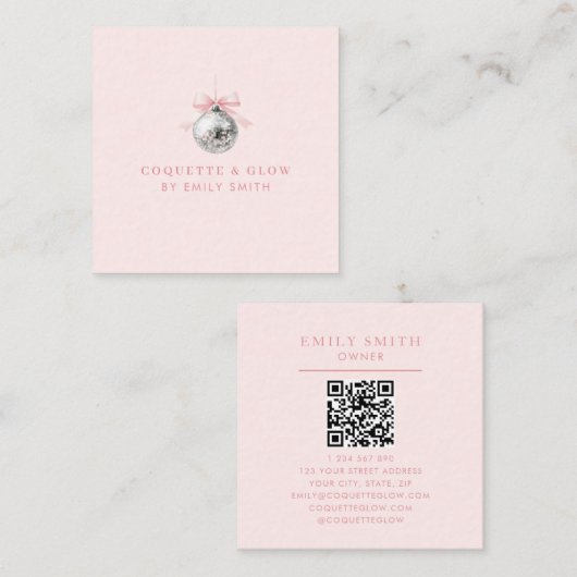 コケパーソナライズされたットディスコボールピンクリボン スクエア名刺 (正面/裏面)