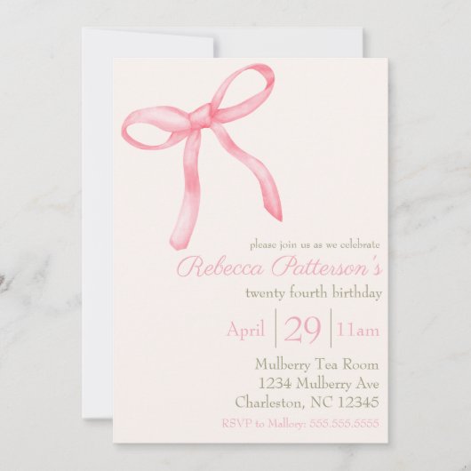 コケフェミニンット水カラーピンクかわいい弓 招待状 (正面)