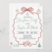 コケ素朴ットレッドグリーンクリスマスパーティー 招待状 (正面/裏面)