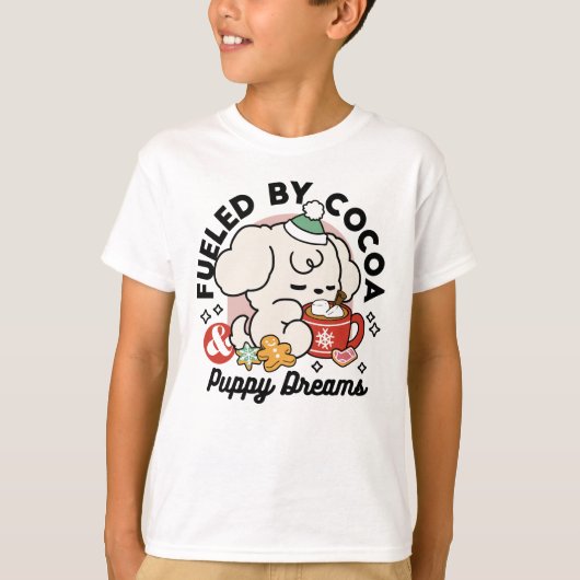ココアと子犬の夢で満たされて – かわいい冬の子犬 Tシャツ (正面)