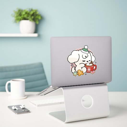 ココアと子犬の夢に満ちた – かわいい冬の犬 シール (デスク上のノートパソコン)