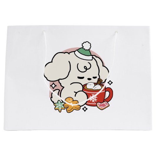 ココアと子犬の夢に満ちた – かわいい冬の犬 ラージペーパーバッグ (正面)