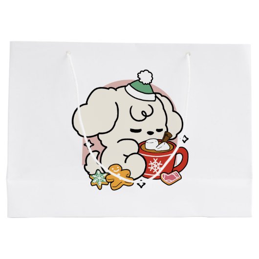 ココアと子犬の夢に満ちた – かわいい冬の犬 ラージペーパーバッグ (裏面)