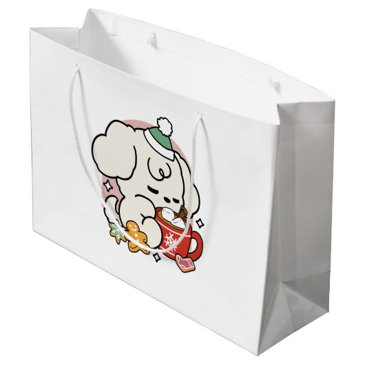 ココアと子犬の夢に満ちた – かわいい冬の犬 ラージペーパーバッグ (裏面アングル)