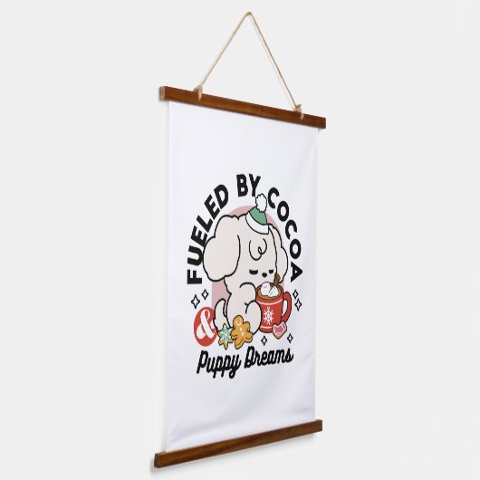 ココアと子犬の夢に満ちた – かわいい冬の犬 吊り下げ型タペストリー (傾斜あり)