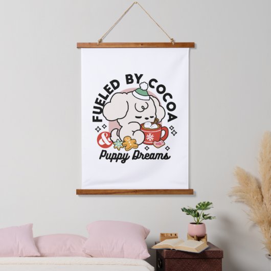 ココアと子犬の夢に満ちた – かわいい冬の犬 吊り下げ型タペストリー (寝室)