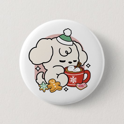 ココアと子犬の夢に満ちた – かわいい冬の犬 缶バッジ (正面)